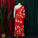 Single Shoulder Long Sleeve Print Maxi Dress GCZF-8495