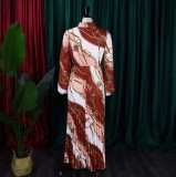Long Sleeve Print Tie Up Pleated Maxi Dress GCZF-8463