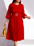 Solid Color Pressed pleated Belt Loose Midi Dress GCZF-8553