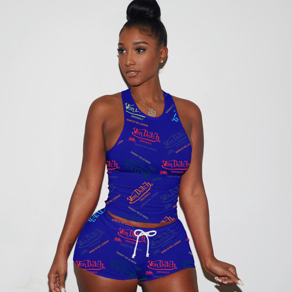 Letter Print Sleeveless Sport 2 Piece Shorts Set TE-4675