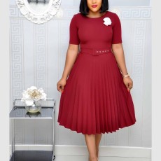 Plus Size Solid O Neck Short Sleeve Pleated Dress GCZF-D028-C1