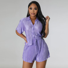 Solid Color Press Pleated Casual 2 Piece Shorts Set MIL-T102