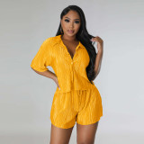 Solid Color Press Pleated Casual 2 Piece Shorts Set MIL-T102