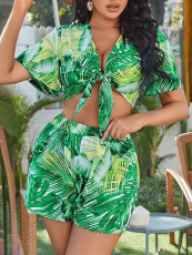 Print Tie Up Shirts Shorts Two Piece Set GYZY-8902