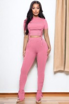 Short Sleeve Ribber Drawstring Slit Two-Piece Pants Set ME-8500