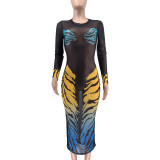 Tiger Print Mech Long Sleeve Bodycon Dress WAF-77641