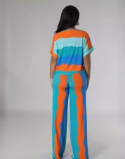 Stripe Color Block Short Sleeve Two Piece Set MXDF-6148