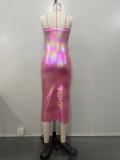Gradient PU High Split Wrap Midi Dress OD-8662