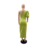Solid Color Single Shoulder Bubble Sleeve Midi Dress GYLY-9903