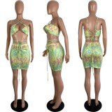 Slim Sexy Halter Flame Printed 2 Piece Skirt Set LSL-6440