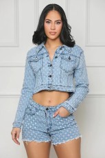 Casual Ripped Denim Long Sleeve Shorts Two Piece Set TR-1299