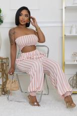 Stripe Print Wrap Chest Tops Two Piece Pants Set BS-1363