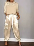 Plus Size Smooth Satin Half Sleeve Top Pants Two Piece Suit GYSM-W0733
