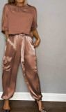 Plus Size Smooth Satin Half Sleeve Top Pants Two Piece Suit GYSM-W0733