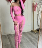 Solid Color Tight Sexy Top Hole Pants Two Piece Set GYDZ-0085