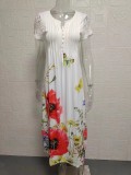 Plus Size Short Sleeve V Neck Print Long Dress GYSM-W0549