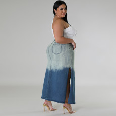 Plus Size Denim Woven Gradient Split Half Body Skirt GDAM-8011