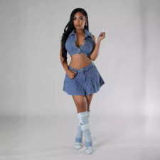 Fashion Plaid Lapel Denim Two Piece Skirts Set YMEF-51095