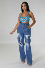 Loose High-waisted Holes Jeans LX-6975