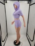 Solid Color Fashion Hoodies Shorts Two Piece Set YIM-074