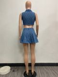 Fashion Plaid Lapel Denim Two Piece Skirts Set YMEF-51095