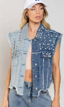 Spliced Beaded Loose-fitting Denim Jacket GYAN-3285