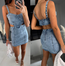 Sexy Sling Backless Hollow Out Denim Dress GYAN-16835