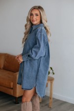 Button Down Long Sleeve Denim Midi Dress GYAN-3298