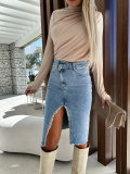 Split Fashion Solid Color Denim Skirt GYAN-3232