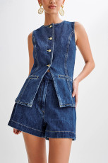 Fashion Sleeveless High Waisted Denim Shorts Set GYAN-16881