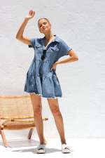 Short Sleeve Lapel Loose Denim Midi Dress GYAN-22845