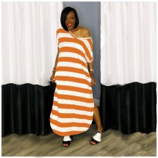 Print Stripe Short Sleeve Split Long Dress WUM-24517