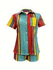 Colorful Stripe Pirnt Shirt Ang Shorts 2 Piece Set GCDN-2409