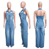 Sleeveless Halter Backless Denim Straight Jumpsuit LX-6981