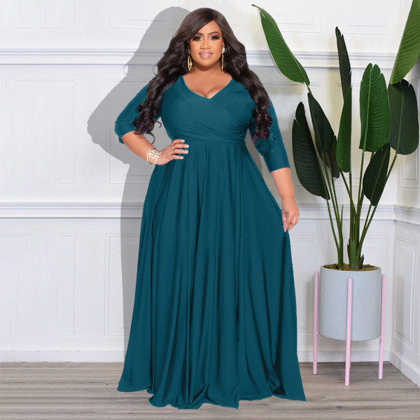 Plus Size Solid Color V-Neck Sexy Long Dress HNIF-T025