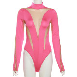 Mesh Patchwork Long Sleeve Tight Bodysuit GZJQ-K23K32150