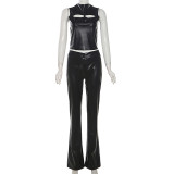 Solid Sleeveless Holes PU Leather Slim Pants Set GZJQ-K24S43419