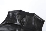 Solid Sleeveless Holes PU Leather Slim Pants Set GZJQ-K24S43419