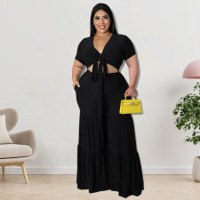 Plus Size Solid  Tie Up Short Sleeve Two Piece Pant Set GDAM-218191