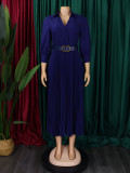 Lapel Neck Long Sleeve Belt Maxi Dress GATE-472