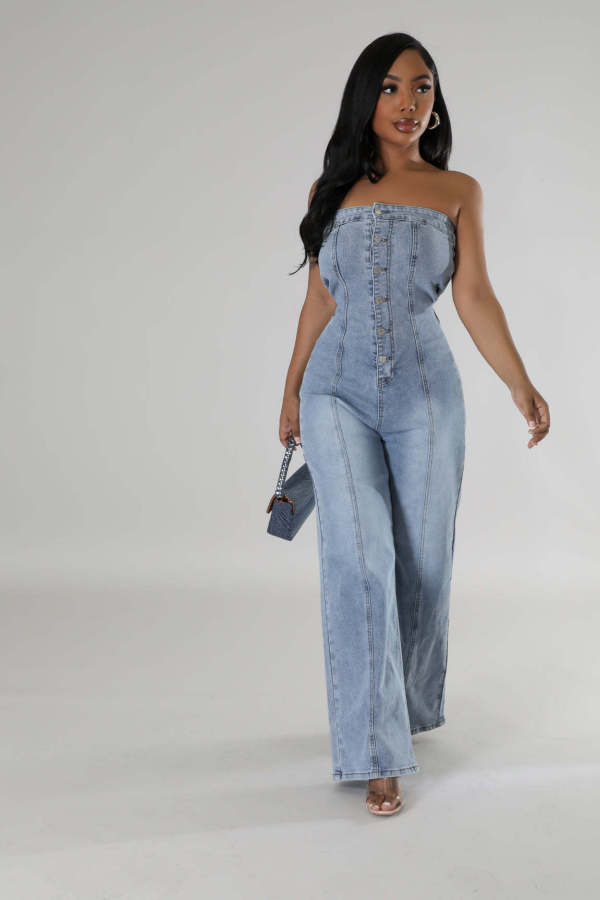 Casual Wrap Chest Straight Denim Jumpsuit LX-6978