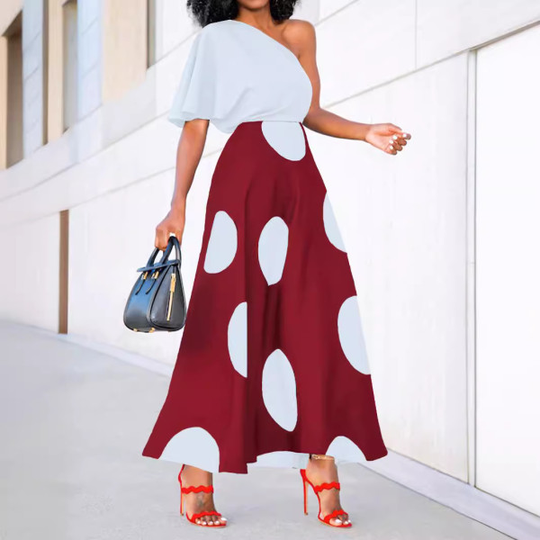 Casual Polka Dot Print Slash Shoulder Midi Dress SFY-2771