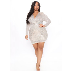 Plus Size Sexy Deep V Neck Sequin Mini Dress GDLY-DLYD8731
