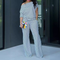 Casual Stripe Slash Shoulder Two Piece Pants Set OD-8582