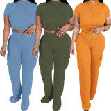 Short Sleeve Solid Color 2 Piece Pants Set YH-5316