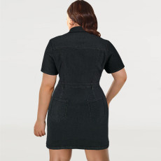 Plus Size Lapel Single-breasted Denim Mini Dress GDAM-218501
