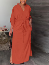 Solid Color 3/4 Sleeve Tie Up Maxi Dress YH-5296