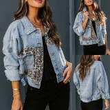 Leopard Print Splicing Long Sleeve Denim Coat XCFF-993