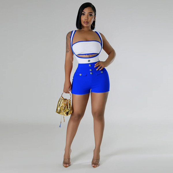 Color Block Wrap Chest Back Shorts 2 Piece Set CYA-901234