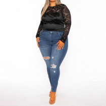 Plus Size Lace Patchwork Long Sleeve T-Shirt NNWF-6053